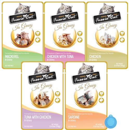 Fussie Cat Premium Wet Cat Food in Gravy (5 Pack) 2.47-oz Pouches, 5 Flavor Variety Pack+ lid