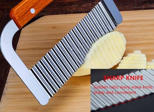 Image of Crinkle Chopper Cutter Knife, Stainless Steel Crinkle Cuting Knife Vegetable, Stainless Steel Blade Wooden Handle Serrator Chopping Knife Wavy Potato Soap Cutting Tool (Pack - 1)