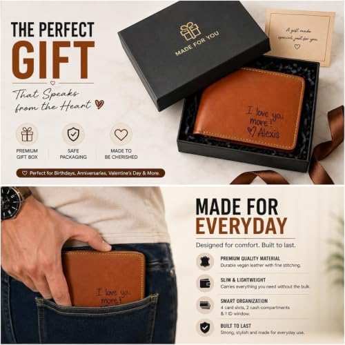 Image of Customized Wallet for Men with Personalized Message Engraved Inside | Custom Engraving | Personalized Gift for Husband, Boyfriend, Brother & Father | Birthday & Anniversary