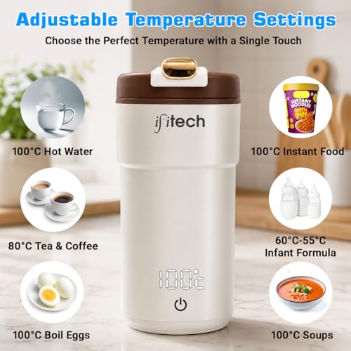 Image of IFITech 2-in-1 Portable Electric Kettle Stainless Steel Leakproof Flask for Boiling Water and Warming Milk | USB Type-C & AC Power | 300W Fast Heating | Portable Electric Water Bottle for Travel