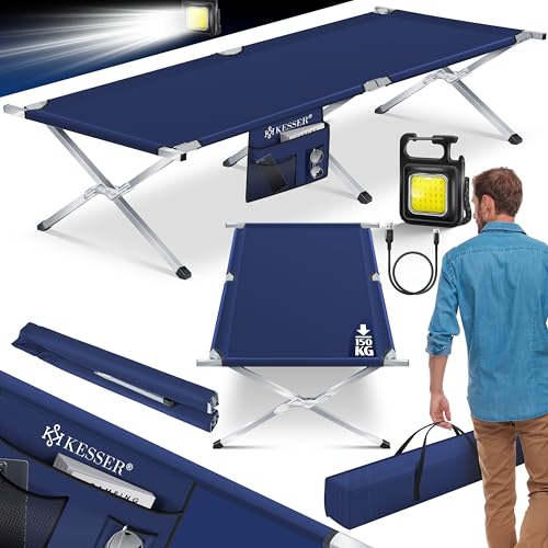 KESSER® Cama de Camping Plegable Resistente con Bolsa de Transporte, Bolsillo Lateral y Luz de Camping | 190x73x45cm hasta 150 kg Tubo de Metal | Tela Oxford 600D Portátil Cómoda | Azul Marino