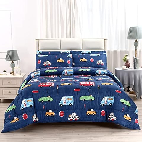 MAG 3Pcs Cartoon Car Bedding Comforter Set, Blue Cute Base Twin Comforter Set,for Toddlers Kids,Boys Teens and Girls,Super Soft Microfiber, Twin Size Cover