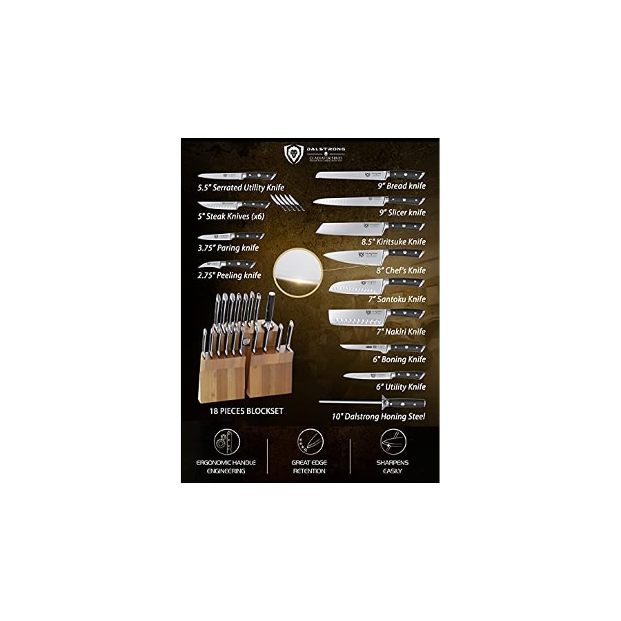 DALSTRONG Gladiator Series Elite-18pc Stainless Steel Knife Set with Block-High Carbon German Steel-Acacia Wood Block-Gift Knife Set w/Black Handles - NSF Certified