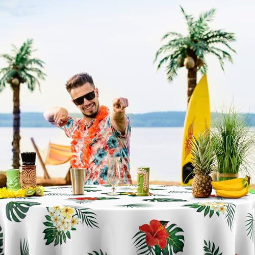 Image of Oudain 12 Pcs 84 inch Summer Round Hawaiian Tablecloths, Lagre Tropical Luau Plastic Table Covers with Palm Leaves & Hibiscus Flower, Aloha Tiki Beach Pool Party Decorations Supplies (White)