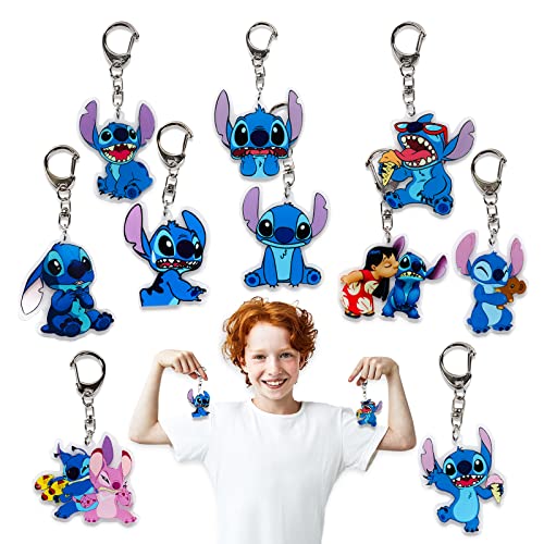 Gxhong Lilo & Stitch Schlüsselanhänger Anhänger, 10PCS Stitch Schlüsselbund Süßer Schlüsselanhänger für Kinder, Stitch Anime Schlüsselanhänger Keyring Keychain, Party Geschenk für Junge und Mädchen Cover