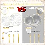 210 Pcs Plastic Dinnerware Set for 30 Guests,Clear Disposable Plates with Gold Rim,Hammered Party Plates Including 30 Dinner&Dessert Plates,Cups,Gold Plastic Silverware for Party,Wedding - Image 3