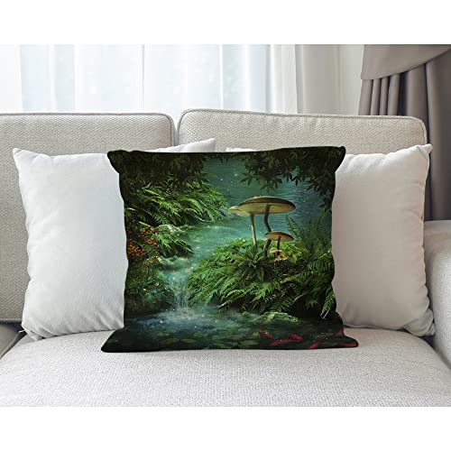 Beabes Fantasy River Couch Pillow Cover, Magic Mushroom Fishes River Pond Decorative Throw Pillow Case Cotton Linen Cushion Cover 18"X18" Pillowcase For Home Office Dorm #TOP2