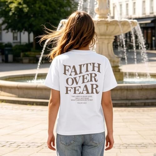 Image of Faith Over Fear Shirt Christian Jesus Tshirts for Girls Religious Inspirational Tees Bible Verse Tops for Kids 3-12