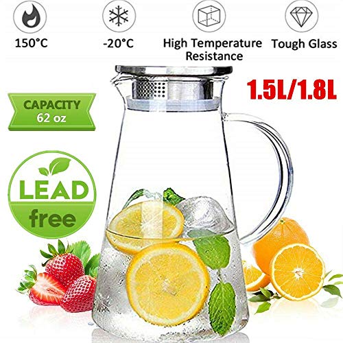 Image of 1.8 Litre Glass Jug for Water with Lid | Borosilicate Glass Jug for Kitchen Storage Hot and Cold Water, Juice, Tea, Milk, Coffee with Handle | Glass Jug with Airtight Stainless Steel Lid (1800 ml, Pack of 1)