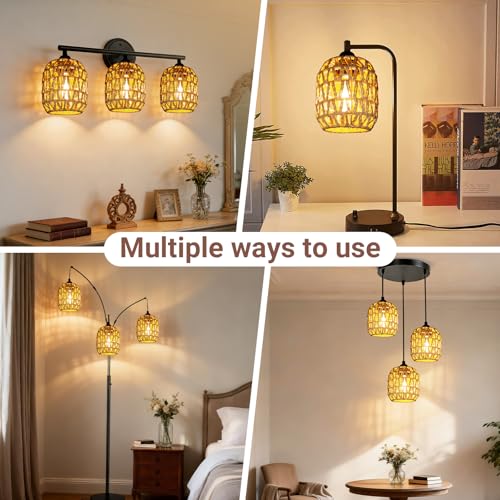 Image of 3 Pack Rattan Lamp Shades Boho Hanging Light Lamp Shades, Woven LampShades for Floor Lamps Rattan Pendant Lights Boho Lamp Ceiling Light, Table Lamps, Plug in Pendant Light