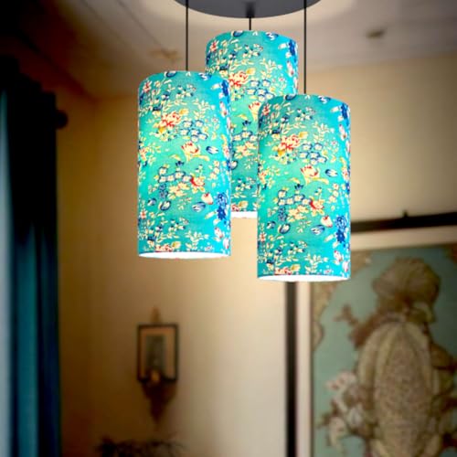 Image of Hanging Lamps for Hall - 3 Set Hanging Cluster Light - Pendant Lamps in Cylindrical Shape for Living Rooms /Bed Rooms (Blue Floral Fabric)