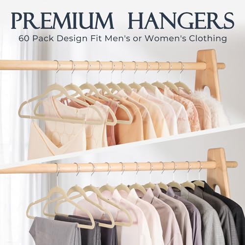 HOUSE DAY Beige Velvet Hangers 60 Pack, Non Slip Clothes Felt Hanger Heavy Duty for Coat, Premium Slim Space Saving Suit Hangers for Closet Organizer, 360° Rotating Silver Hook by HOUSE DAY - Image 8