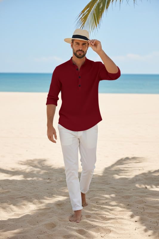 Image of Men's Cotton Blend Short Kurta with Collared Neck Full Sleeves Solid Pattern Western Style Regular Fit and Standard Length
