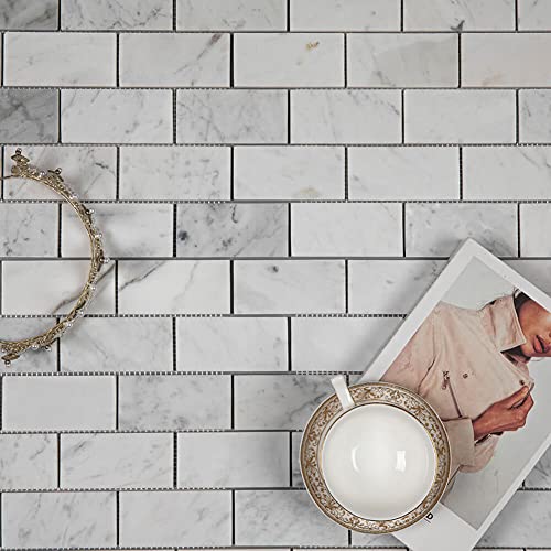 Adolif Carrara White Marble Mosaic Tile, 100% Natural Marble, Polished, Carrara White Marble Mosaic For Kitchen Bathroom Wall Floor Backsplash Shower, 5 Sheets, 2×4 Inch Subway Brick #TOP1