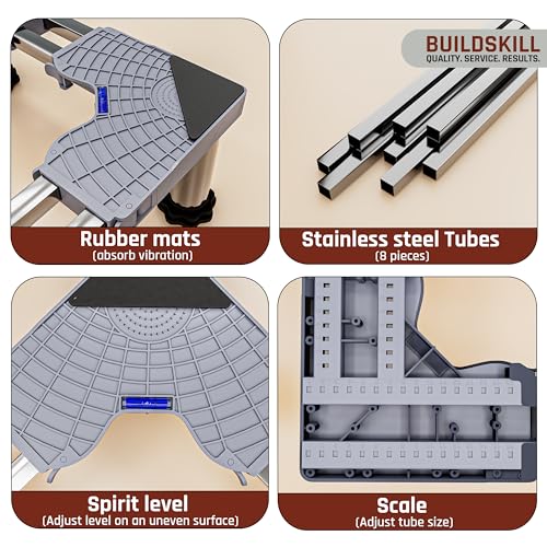 Image of BUILDSKILL 350kg Load Capacity Washing Machine Stand Adjustable | Spirit Level | Anti-Vibration Mats | Dual SS Tubes | Legs with Rubber Pads | Without Wheels Height Stand for Washing Machine (Grey)
