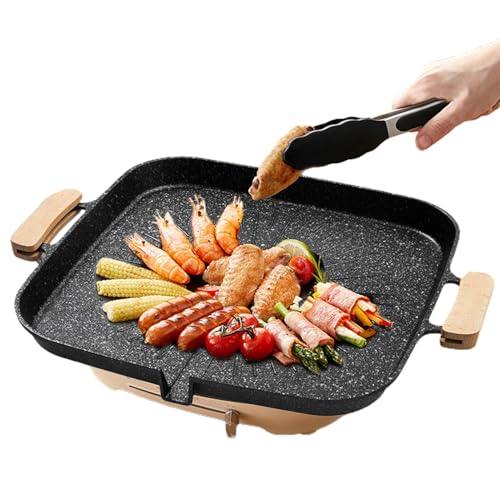 Asador portátil, sartén para barbacoa, sartén para placa de cocción | Sartén de grasa integrada con revestimiento antiadherente, sartén cuadrada portátil con base plana para camping, barbacoa en el