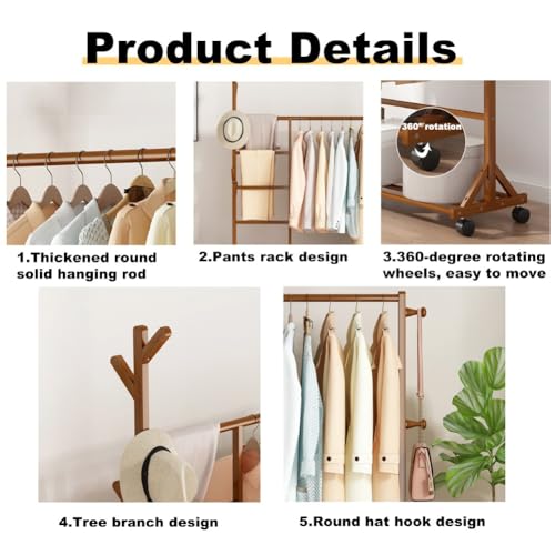 Appendiabiti in Legno di bambù con Ruote, 3 in 1, Autoportante, Ideale per Appendere Vestiti in Camera da Letto, Ingresso E Come Ripostiglio per Cappotti.,Wood Color-70CM