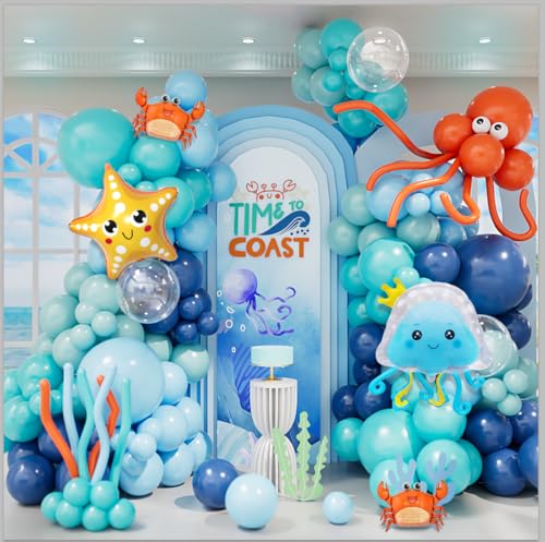 Kit d'arche de ballons bleus avec animaux de l'océan - Ballons transparents avec crabe, méduse,...