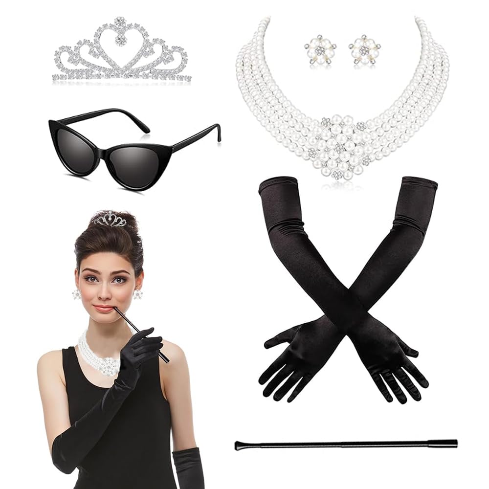 mefound 1920s Accessories for Women Costume Set including Vintage Sunglasses Pearl Dangle Pendant Necklace Earrings Rhinestone Crown