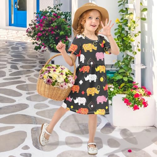 Girls Summer Dress Short Sleeve A Line Colorful Rhinos on Black Casual Dresses for Kids 2-8 Years3