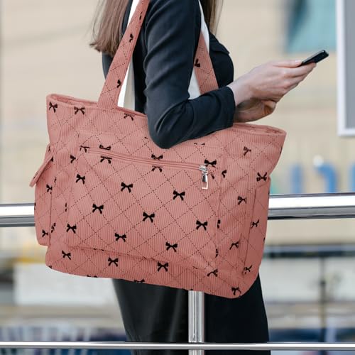 Image of Bow Tote Bag for Women Large Capacity Shoulder Bag with Pockets and Zipper Cute Coquette Bow Handbag for Work Travel Gym