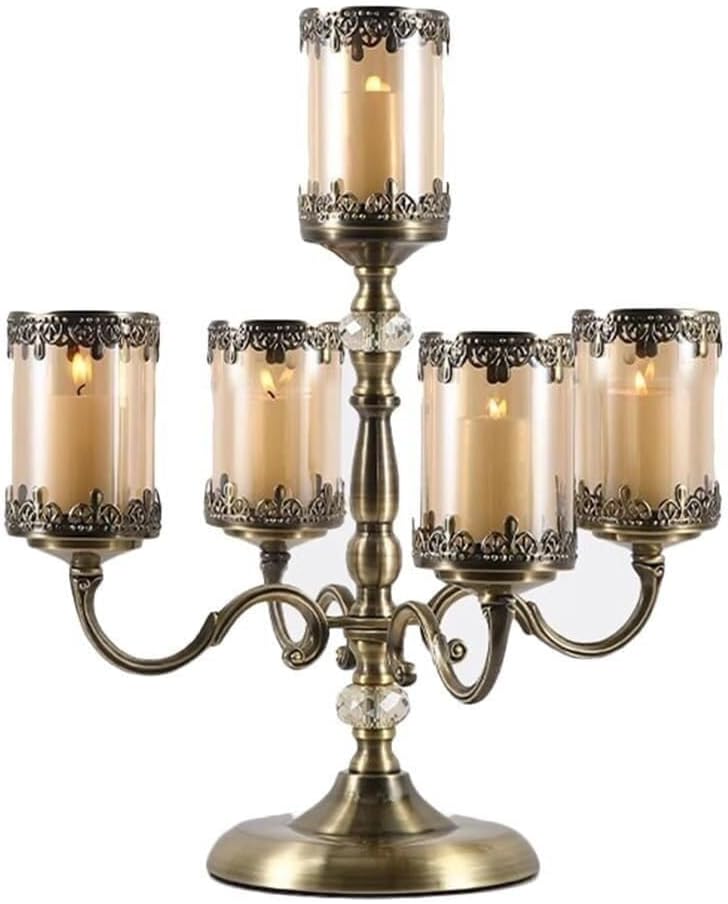 Candelabra Metal Candle Holder with Glass Cups, Antique Bronze 5-Arm Decorative Candle Stand for Weddings Home Décor