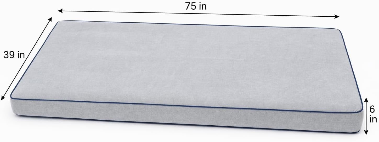 Outdoor Twin Daybed Cushion Set, 7-Piece Patio Swing Bed Mattress with Bolster & Back Pillows, Soft Comfortable Fade-Resistant Cushions with Non-Slip Backing, 75" x 39" x 6" Blue-Gray