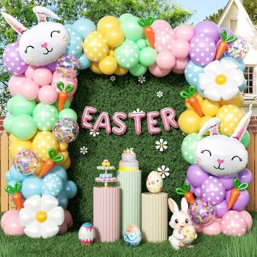 EICUECUE 171Pcs Easter Balloon Arch Kit - Pastel Balloon Garland Kit with Bunny Carrot & Daisy Balloons for Easter Party Spring Birthday Baby Shower Rainbow Easter Supplies Party Decorations