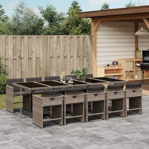 Image of 11-Piece Grey Poly Rattan Patio Dining Set with Removable Cushions for Outdoor Gatherings and Weather-Resistant Comfort