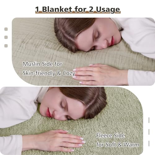 EMME Muslin and Fleece Queen Blanket Reversible - 80"*90" Sage Green Soft Warm Throw Blankets for Couch Bed Picnic Travel Bed