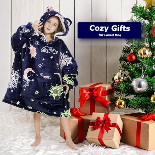 THREE POODLE Wearable Blanket Hoodie, Oversized Sherpa Sweatshirt Blanket for Adults Women Men, Warm Cozy Hooded Blanket, Glow in the Dark, Gifts for Mom Girlfriend