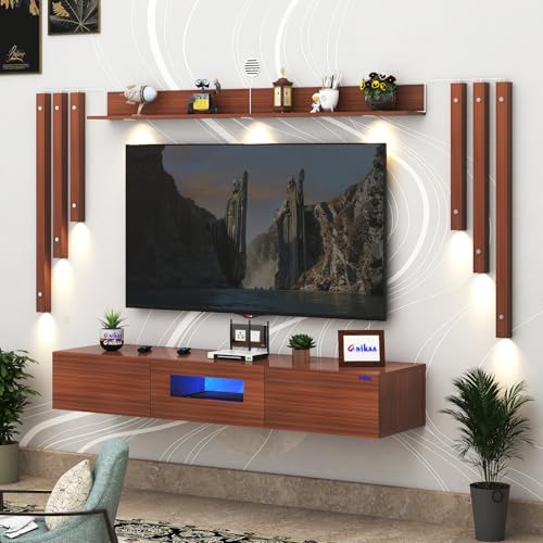 Image of Anikaa LucenNote Engineered Wood Wall Mount TV Unit with Acrylic Blue LED Storage Box, Wooden Accent Spotlight Panels for Living Room, Fits Up to 50 Inch TV, Walnut DIY Installation