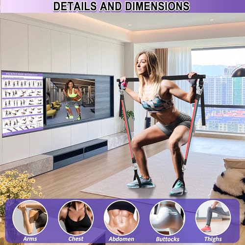 Image of Goocrun Portable Pilates Bar Kit with Resistance Bands for Men and Women - 3 Set Exercise Resistance Bands - Multifunctional Home Gym - Supports Full-Body Workouts - with Fitness Poster and Video
