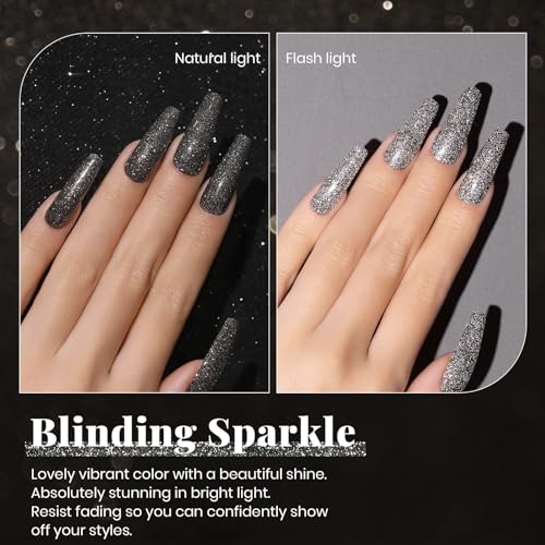 Image of Beetles Black Gel Nail Polish, 1Pcs 15ML Glitter Gel Nail Polish Black Sparkle Reflective Shimmer Color Soak Off UV Lamp Disco Nail Art Manicure Salon DIY at Home Gifts for Women