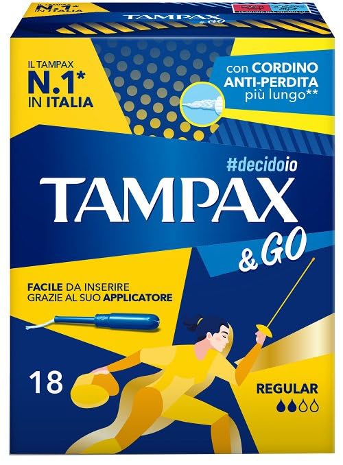 Tampax & Go Regular, 18 podpasek higienicznych z plastikowym aplikatorem, z antypoślizgowym uchwytem i podwójnym sznurkiem ochronnym, idealne do lekkich i średnich przepływów