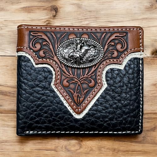 Men’s Short Leather Wallet – Tooled Inlay with Bull Rider Concho – Western Rodeo Bifold Wallet for Cowboys, Ranchers & Roughstock Riders2