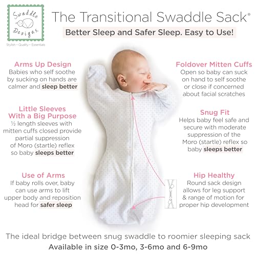Image of SwaddleDesigns Transitional Swaddle Sack, Arms Up Half-Length Sleeves & Mitten Cuffs, Swaddle for Newborn Transition to Baby Sleep Sack Wearable Blanket, Medium, 3-6 Month, 14-21 lb, Sterling Dots