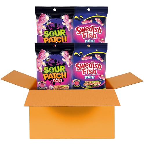 SOUR PATCH KIDS and SWEDISH FISH Mini Glow Ups Strawberry-Watermelon Soft & Chewy Candy Variety Pack, Bulk Candy, 4-6.7 oz Bags