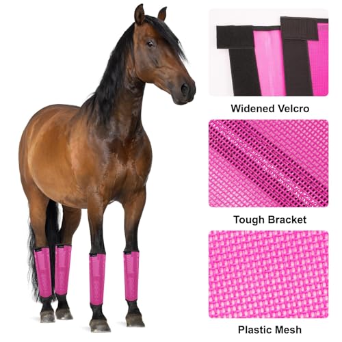 Image of FOXLVDA Pony Fly Boots (Donkey /Mini Horse), Set of 4 - Loose Fitting Design, Breathable, Adjustable & UV Protective with Support Bars for Reduce Stomping & Leg Fatigue, 13hh-14.2hh (Pink, Medium)