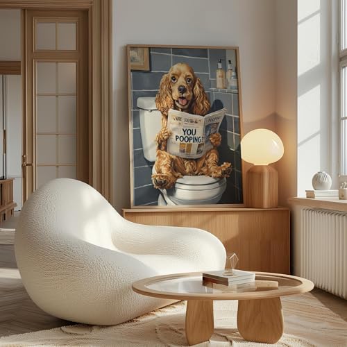 Image of Cocker Spaniel on Toilet Wood Framed Wall Art Print Poster, Dog Bathroom Humor Decor Posters Prints for Restroom Home Picture Painting Artwork Gallery 7 (Cocker Spaniel, 11 inchW x 14 inchL, Wood Frame)