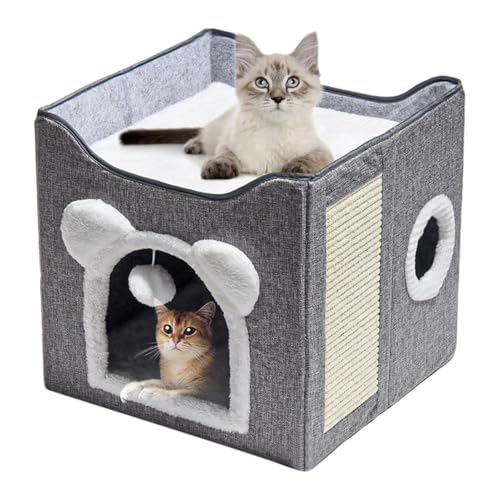 猫ベッド 二段式 隠れ家付き 折りたたみ可能 サイザルスクラッチボード付 大型猫対応 丈夫な構造 室内用ペット用品
