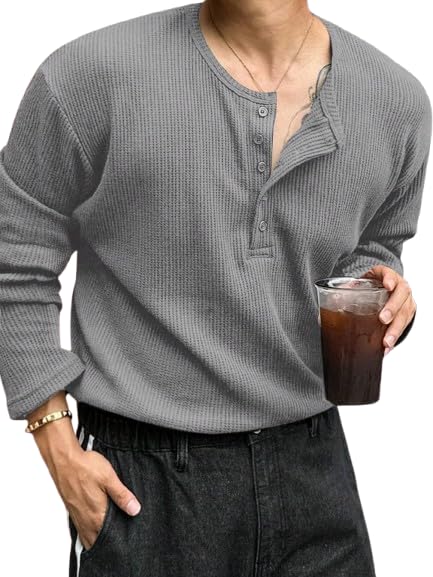 Trillion Men's Textured Fabric Solid Color Basic Half-Open Collar T-Shirt, Fall Long Sleeve Men Shirt | Tshirt For Men