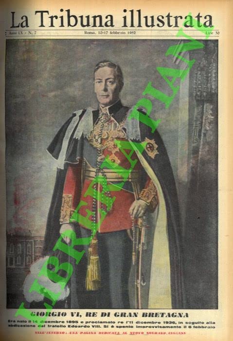 Giorgio VI, re di Gran Bretagna. Era nato il 14 dicembre 1895 e proclamato re l'11 dicembre 1936, in seguito alla abdicazione del fratello Edoardo VIII. Si e spento improvvisamente il 6 febbraio.
