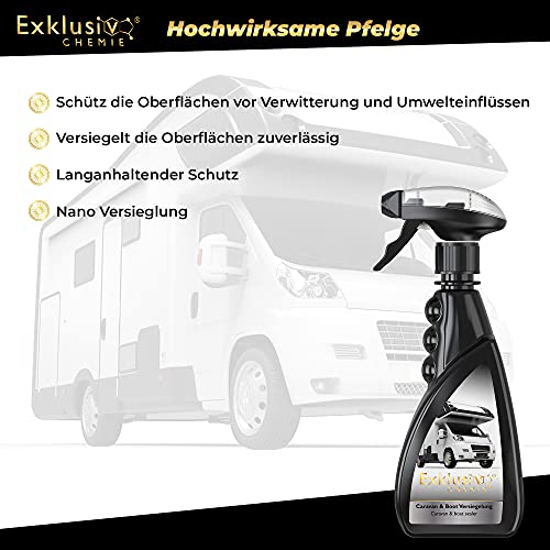 Exklusiv Chemie® Caravan & Boot Versiegelung | Oberflächenversiegelung Wohnwagen & Wohnmobile | Sprüh Nanoversiegelung für GFK & Lackoberflächen | Kunststoff Politur 500ml