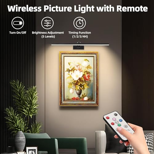 Image of 4 Pack Picture Lights for Wall, 23in Art Lighting for Paintings Cordless, 6400mAh Rechargeable Battery Operated Picture Light with Remote Dimmable and Timer for Artwork, Gallery, Display, Black