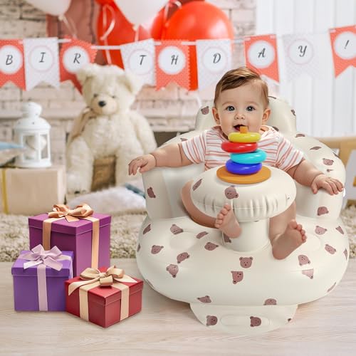 Image of Jikasho Inflatable Baby Seat for 3-36 Months Blow Up Floor Seat | Back Support Built-in Air Pump Learning to Sit 21x20 IN