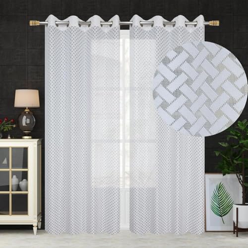 Image of Sheer Net Curtains for Window Door 7 Feet Long Set of 2 Pcs for Living Room Pooja Room Semi Transparent Curtains, 4 Feet X 7 Feet, Pack of 2 Pcs, White Color