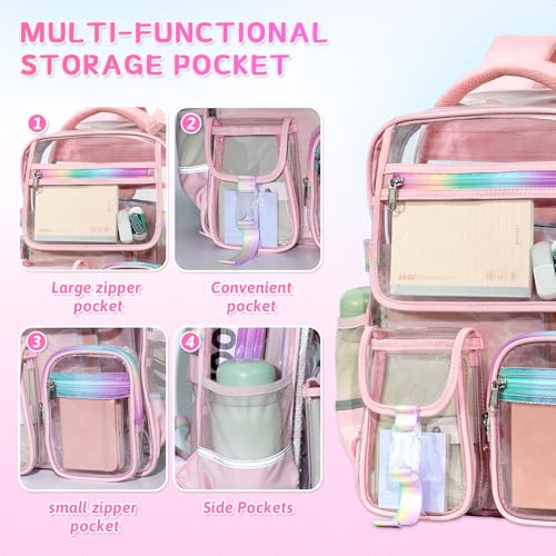 Clear Backpack for Girls with Lunch Bag, Heavy Duty Transparent Backpack Stadium Approved, TPU Waterproof Pink Bookpack with Reflective Strips, Large Clear Backbag for School Travel Work Concert by Tldcdte - Image 5