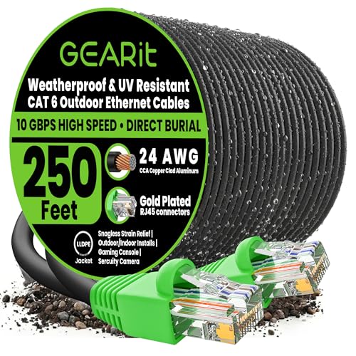 GEARit Cat6 Ethernet Cable 250ft, Outdoor Direct Burial Cat 6 Cable 24AWG High Speed Up to 10Gbps, LLDPE (PE) UV-Resistant Waterproof Jacket, CCA RJ45 Network Internet Cable for Router- Black,250FT