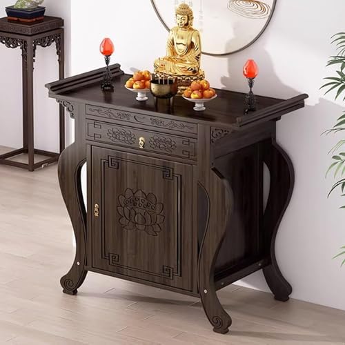 Solid Wood Personal Shrine Altar Table & Cabinet, Chinese Sleek Metal Design, Prayer Table for Living Room & Temples (66x40x88cm/27x16x35)